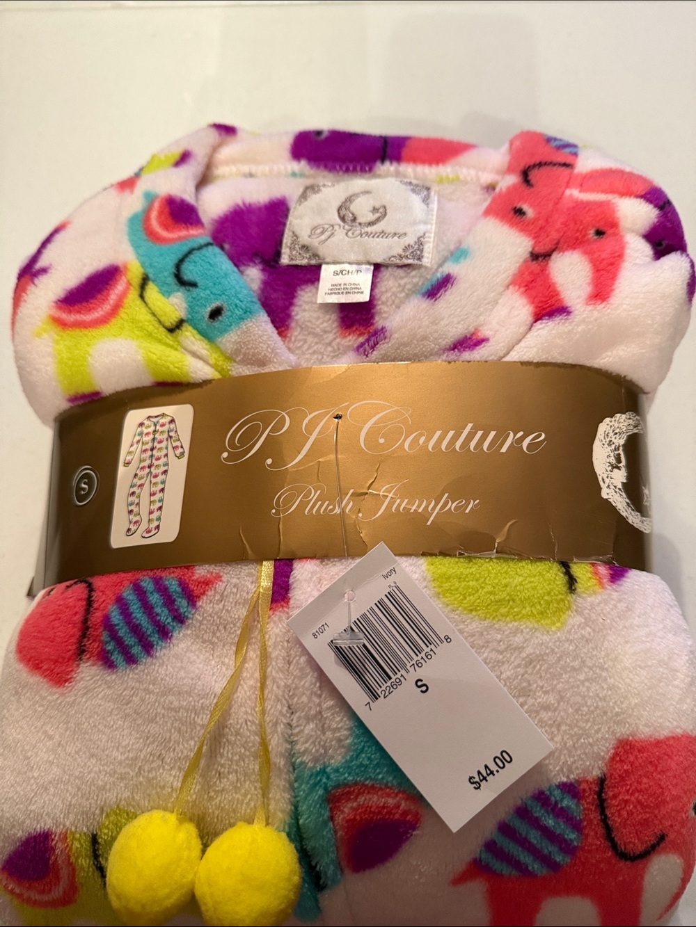 PJ Couture Plush White Onesie with Multicolor Elephants